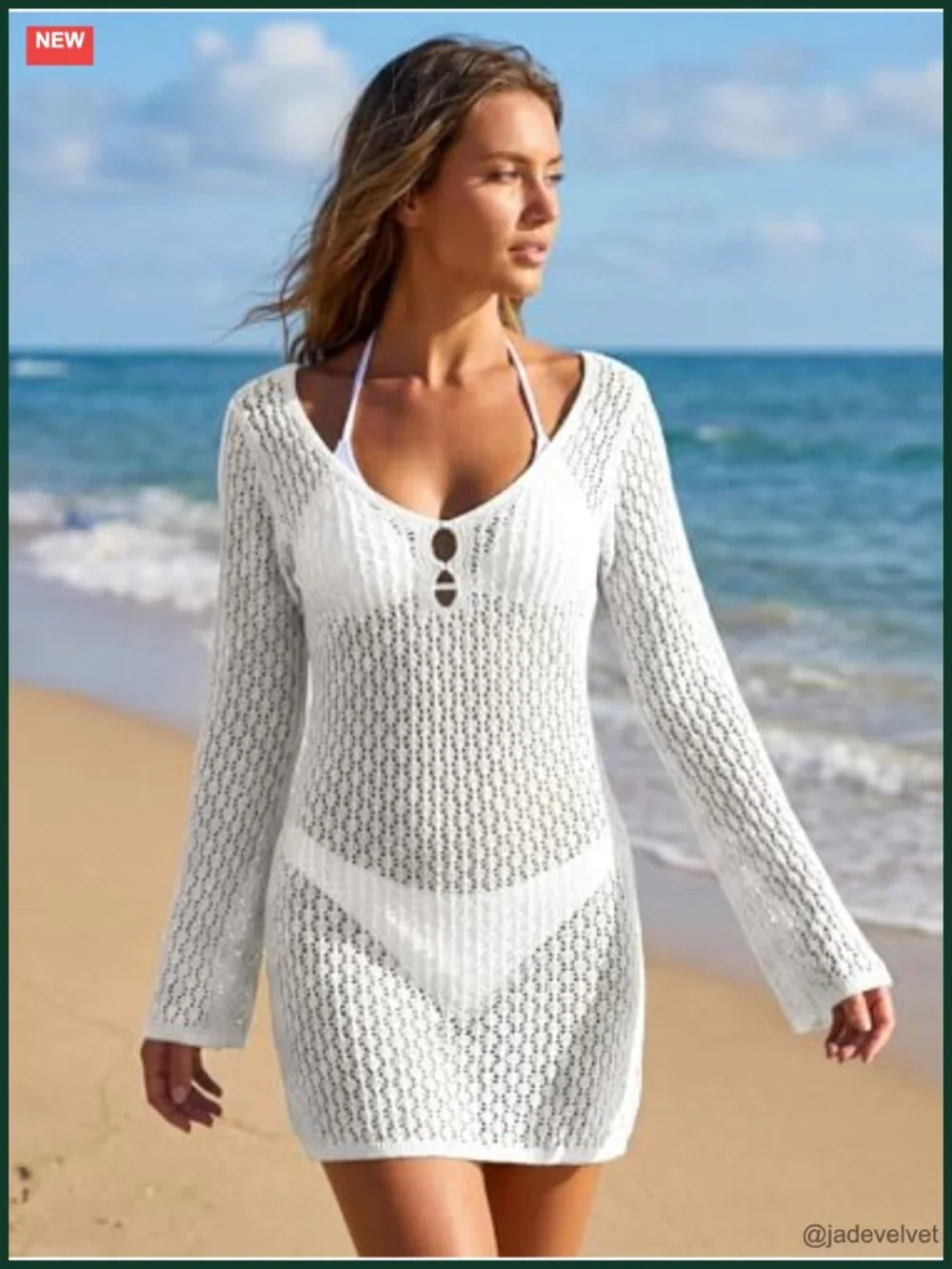 Crochet Swimsuit Coverup V Neck Long Sleeve Backless Beach Dress Bikini Cover Up
